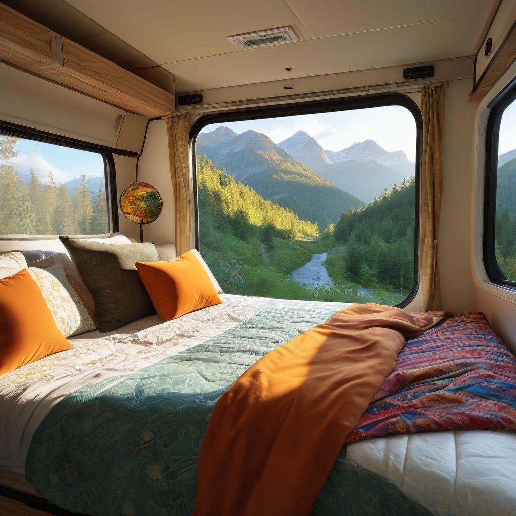 A cozy RV interior with a perfectly made mattress in the foreground, surrounded by travel gear and a window showing a scenic nature view. Soft sunlight filters through the window, highlighting the comfort of the mattress. Add travel-themed decor and a warm, inviting atmosphere. super-realistic. vibrant colors. 3D.