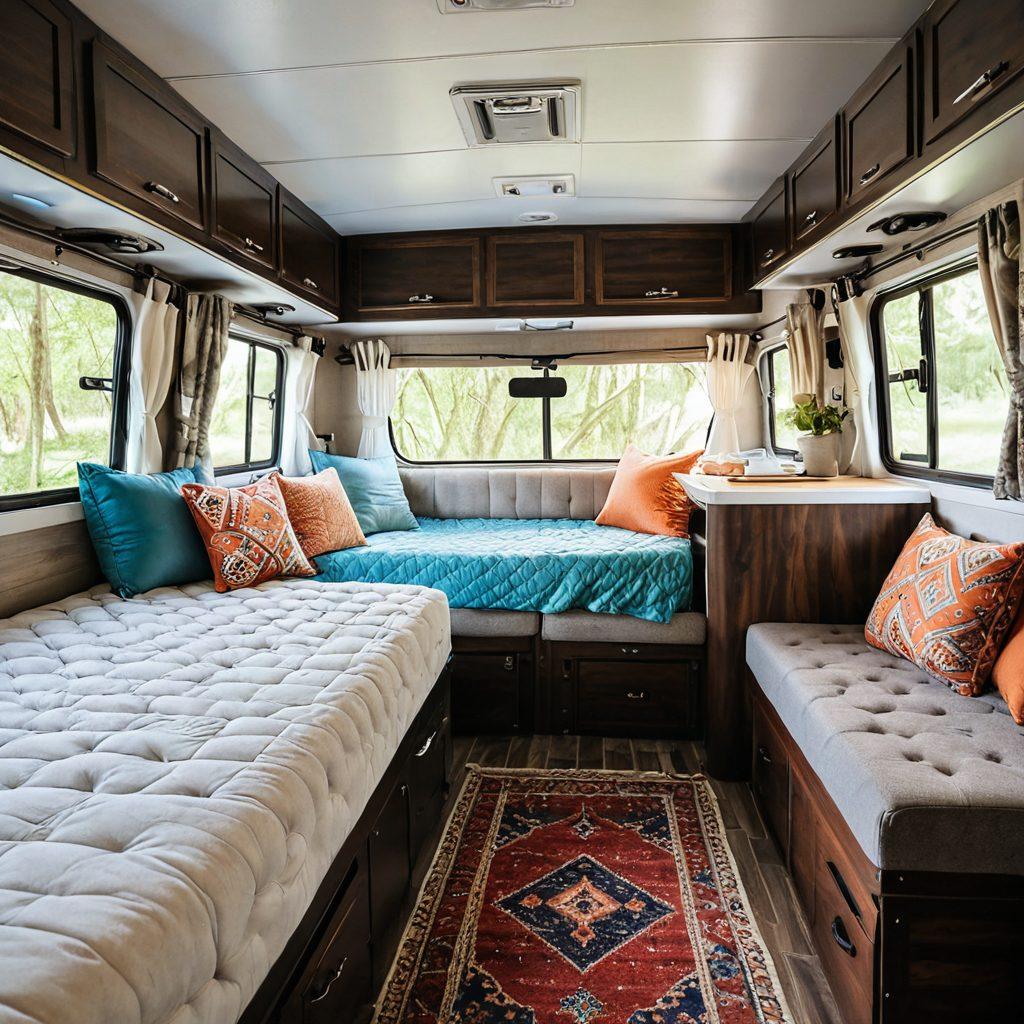 A cozy RV interior showcasing a selection of mattresses ranging from budget-friendly to luxury, with a scenic view of a campsite through the window. The image should highlight the contrast between the different mattress styles, emphasizing comfort and travel ease. Include elements like pillows, a suitcase, and camping gear to evoke a sense of adventure. warm lighting, inviting atmosphere. super-realistic. vibrant colors.