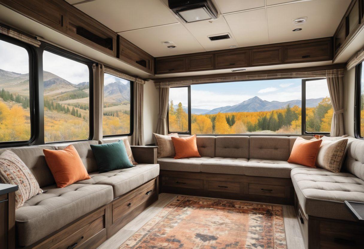 A cozy RV interior showcasing a perfectly chosen mattress, surrounded by nature, with sunlight streaming through the windows. Include a happy family lounging, plush pillows, and a scenic landscape visible outside. Emphasize comfort and adventure vibes. super-realistic. vibrant colors. warm lighting.